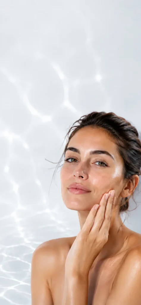 Mujer con apariencia fresca realizando un gesto de cuidado facial
