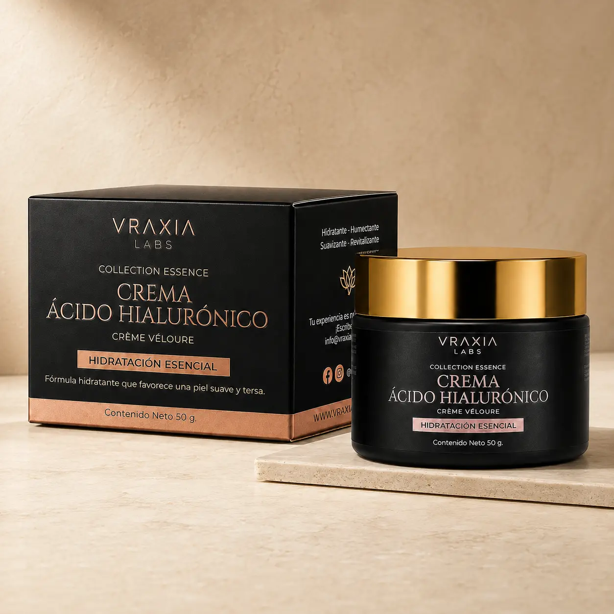 Crema Ácido Hialurónico Crème Véloure de VRAXIA LABS con caja y tarro