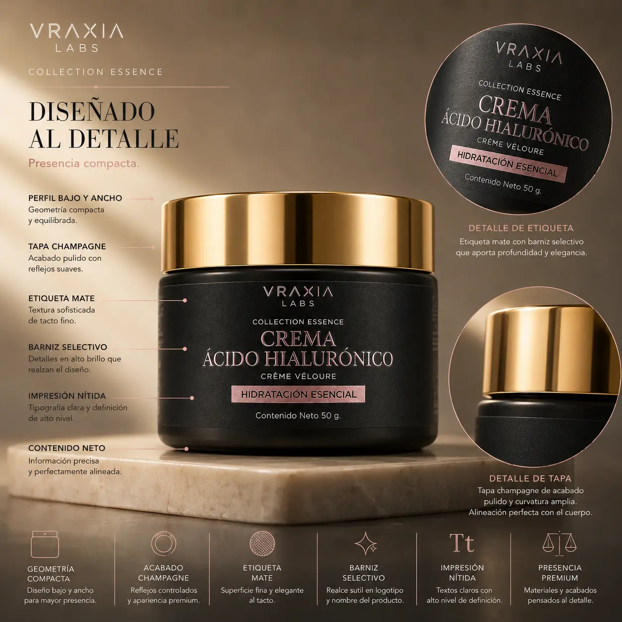 Envase y acabados de la Crema Ácido Hialurónico Crème Véloure de VRAXIA LABS