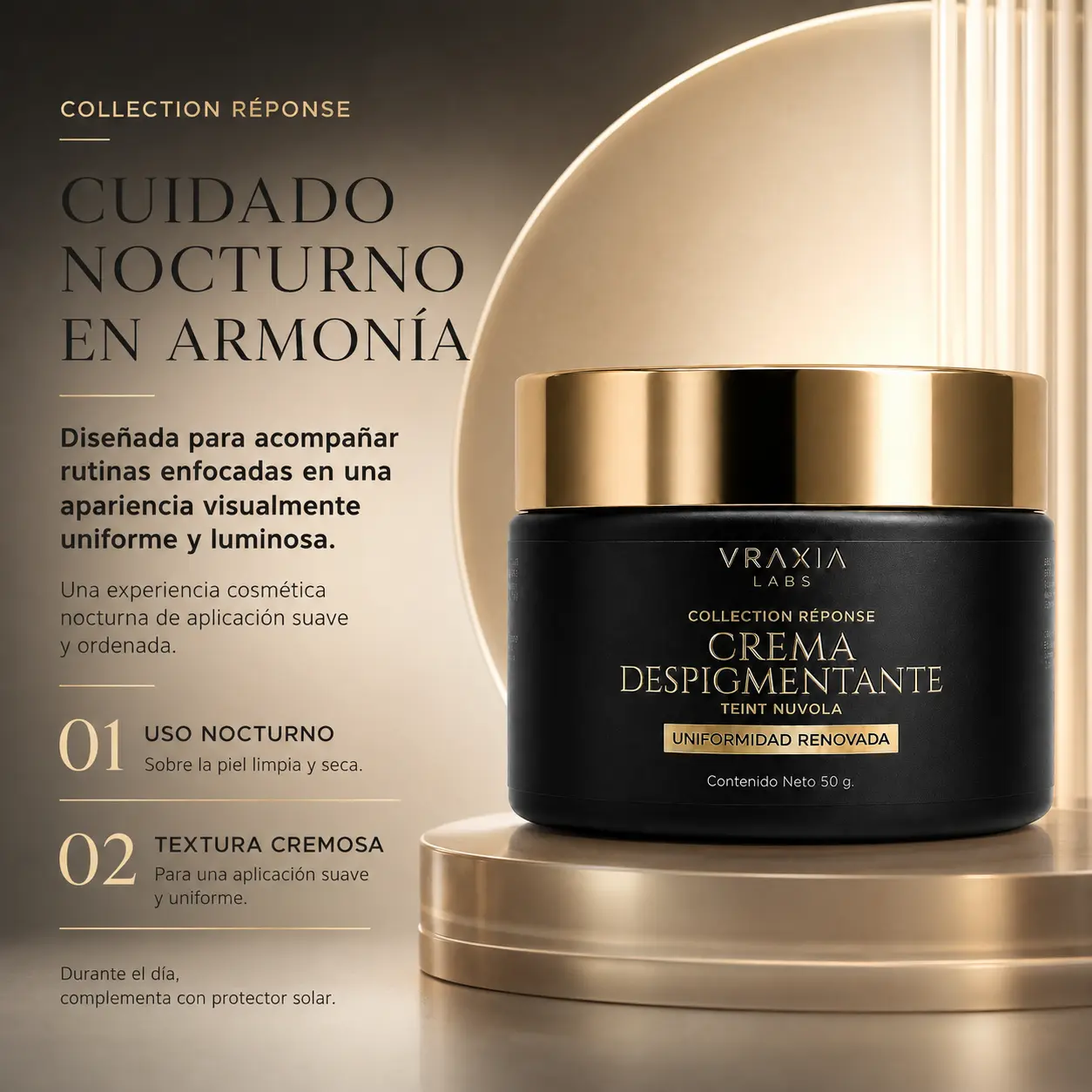 Fotografía editorial premium de la crema facial nocturna Teint Nuvola de VRAXIA LABS.