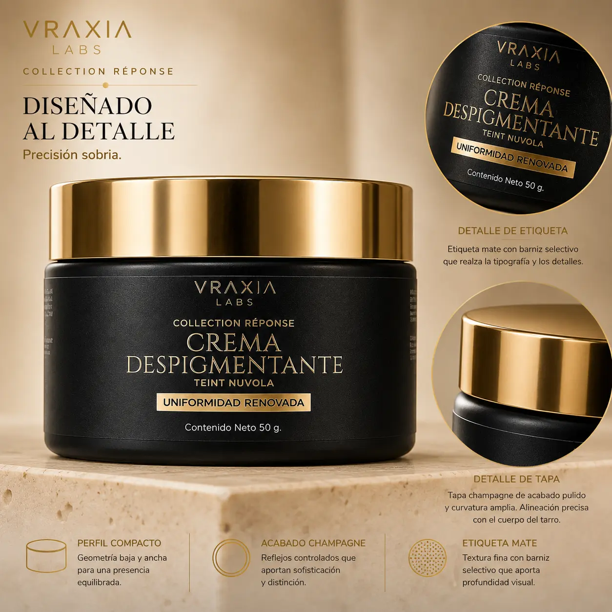Envase y acabados visibles de la crema facial nocturna Teint Nuvola de VRAXIA LABS