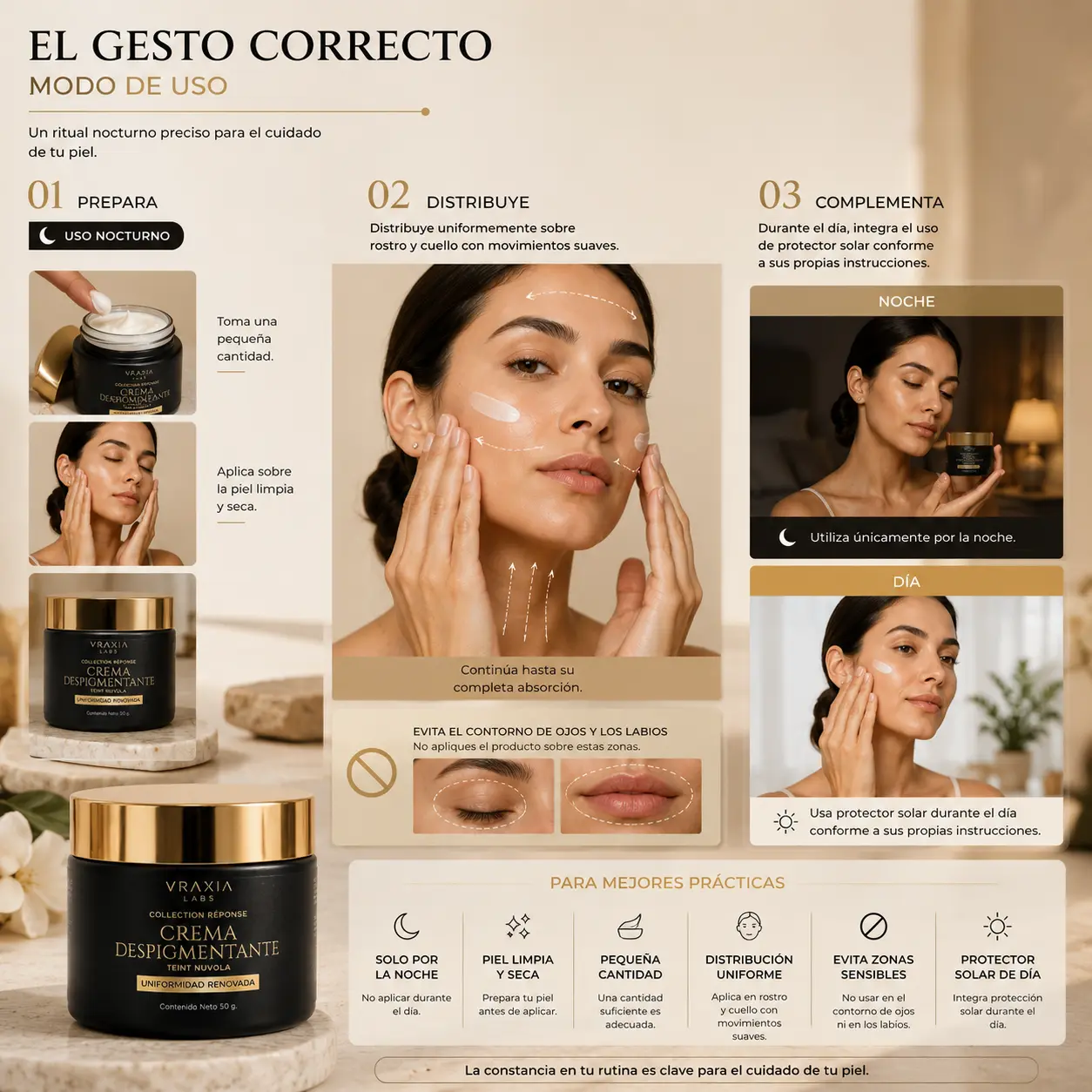 Modo de uso nocturno de la crema facial Teint Nuvola de VRAXIA LABS