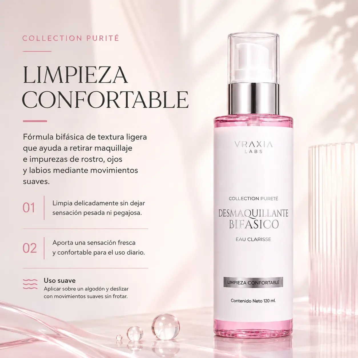 Desmaquillante Bifásico Eau Clarisse de VRAXIA LABS para retirar maquillaje e impurezas