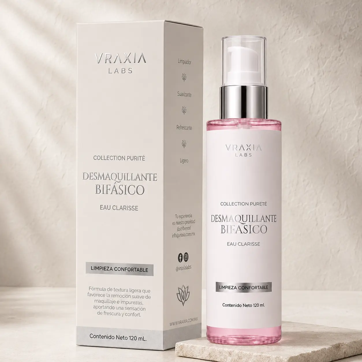 Desmaquillante Bifásico Eau Clarisse de VRAXIA LABS con caja y envase