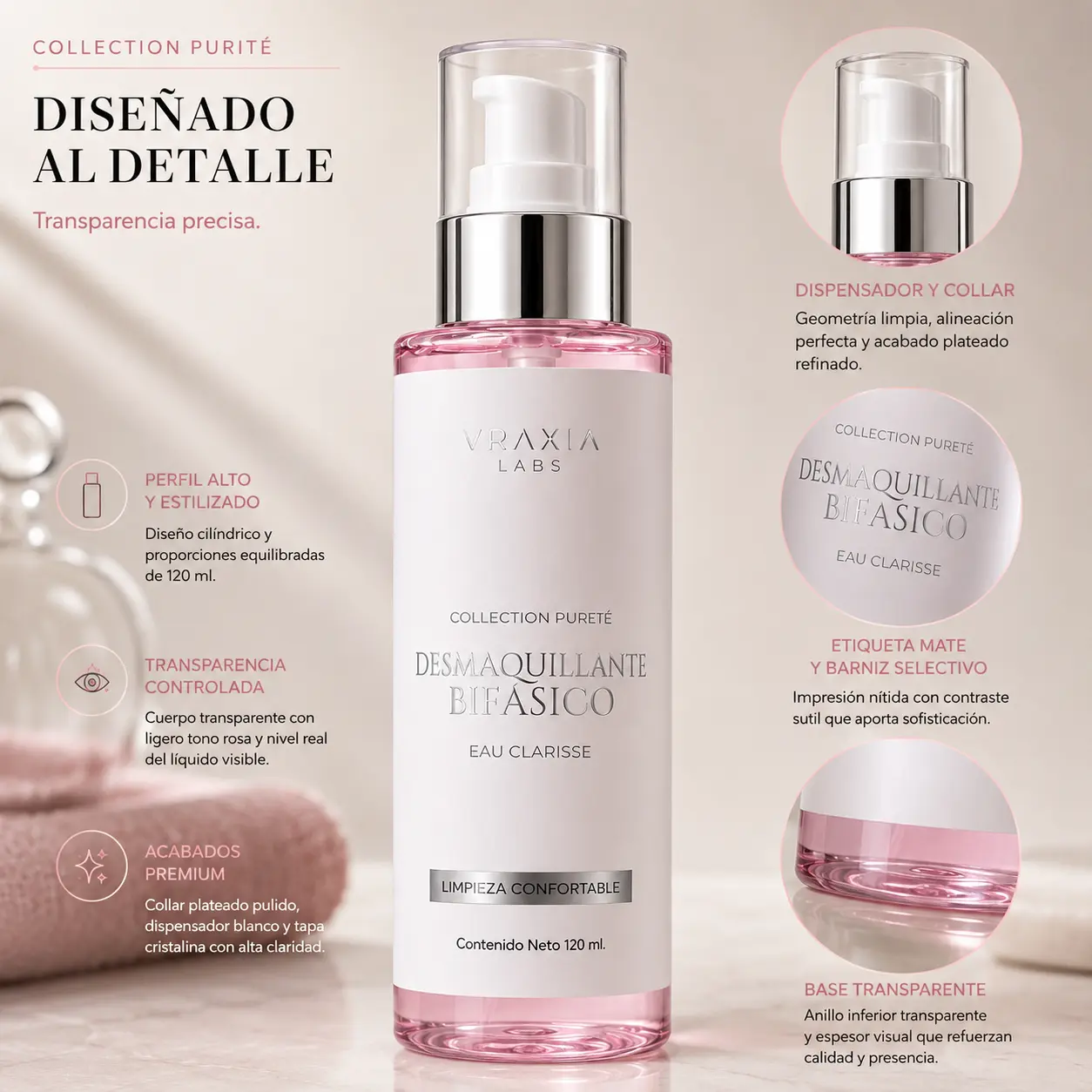 Envase y acabados visibles del Desmaquillante Bifásico Eau Clarisse de VRAXIA LABS