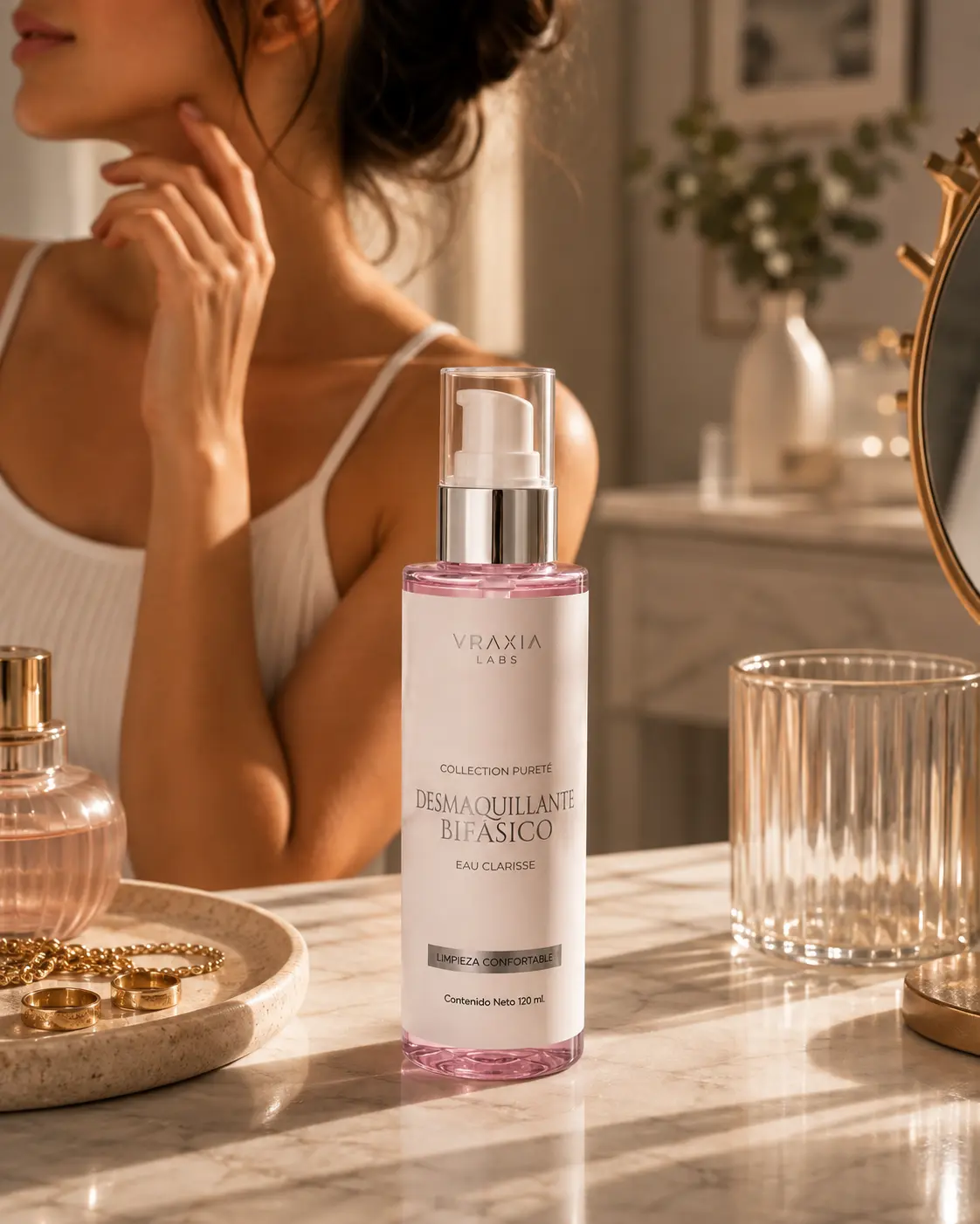 Desmaquillante Bifásico Eau Clarisse de VRAXIA LABS en una rutina de limpieza facial