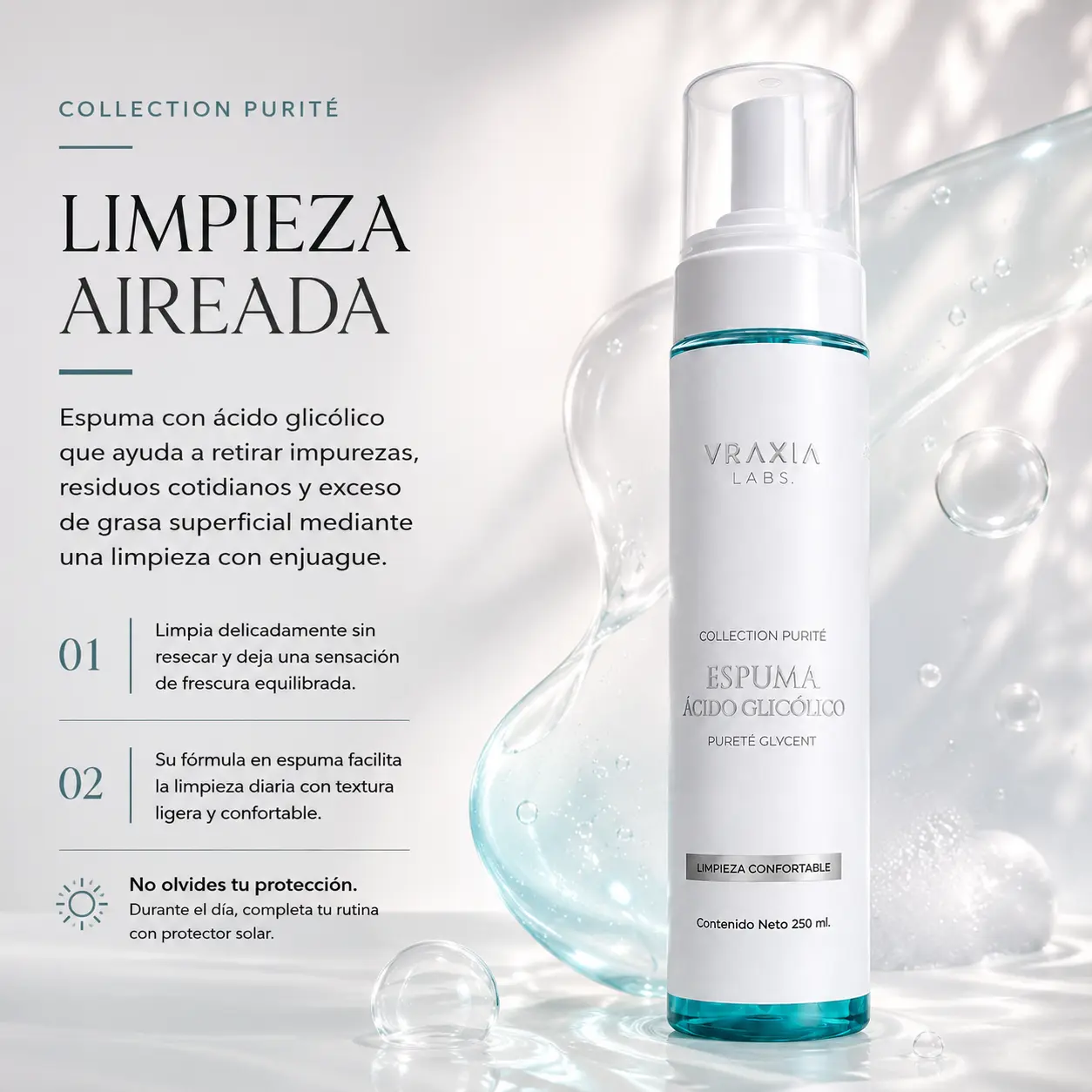 Espuma Ácido Glicólico de VRAXIA LABS para retirar impurezas y residuos superficiales