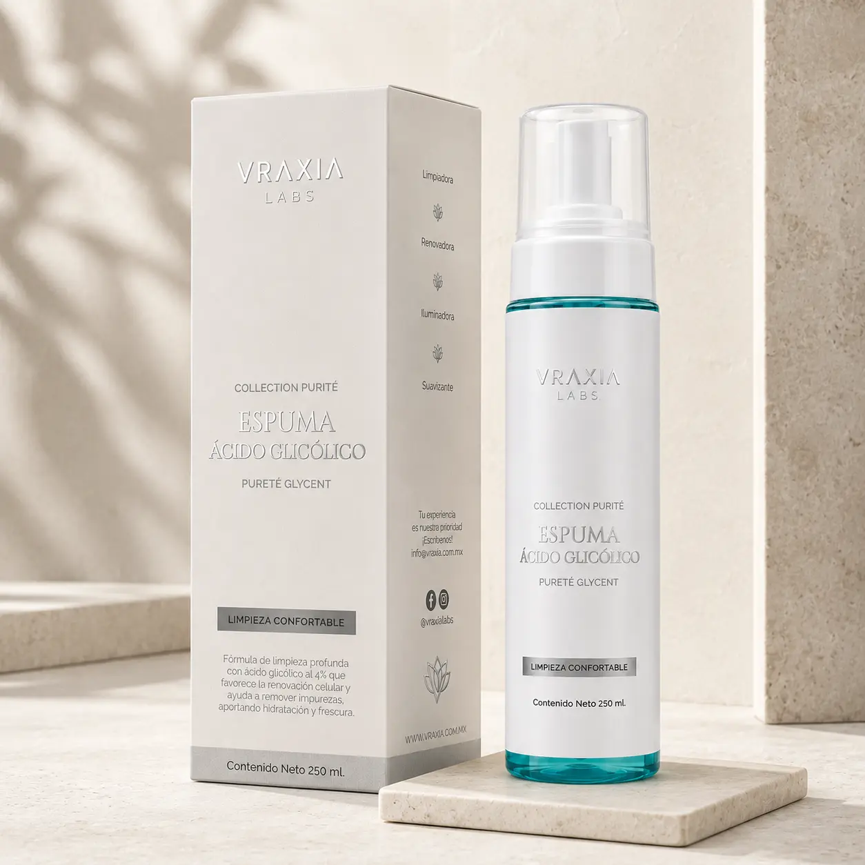 Espuma Ácido Glicólico Pureté Glycent de VRAXIA LABS con caja y envase