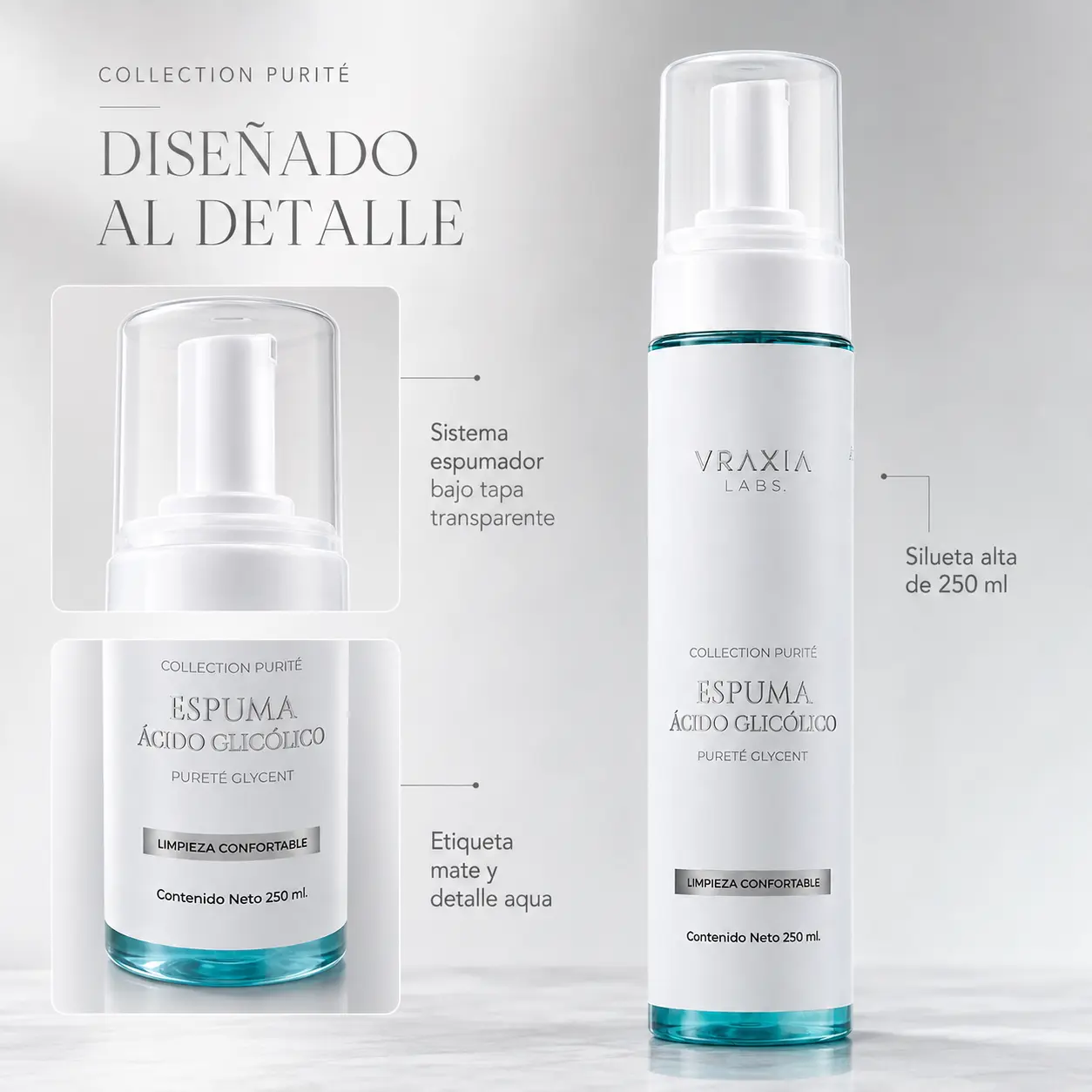 Envase y acabados visibles de la Espuma Ácido Glicólico Pureté Glycent de VRAXIA LABS