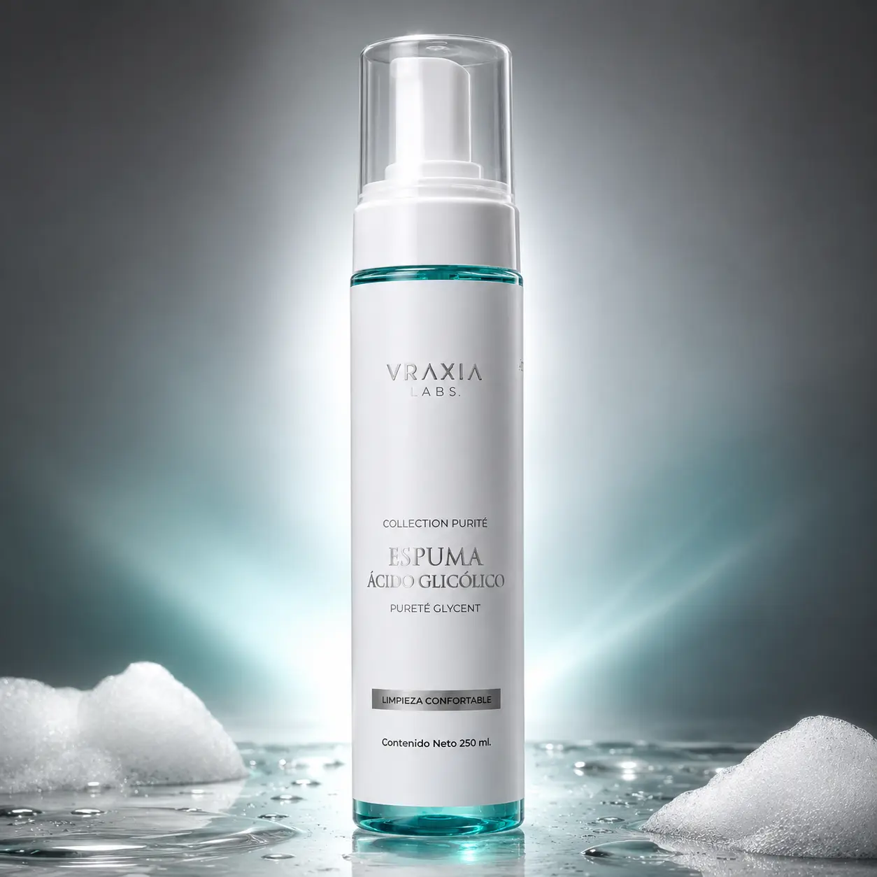 Espuma Ácido Glicólico Pureté Glycent de VRAXIA LABS en escena editorial