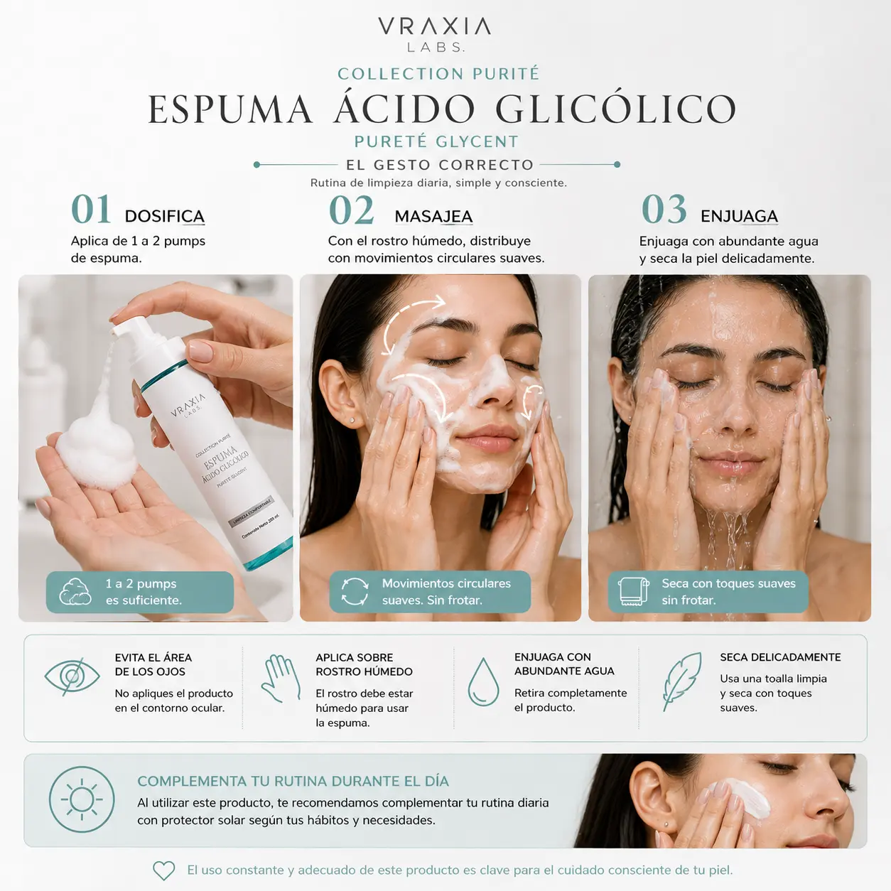 Modo de uso de la Espuma Ácido Glicólico Pureté Glycent de VRAXIA LABS