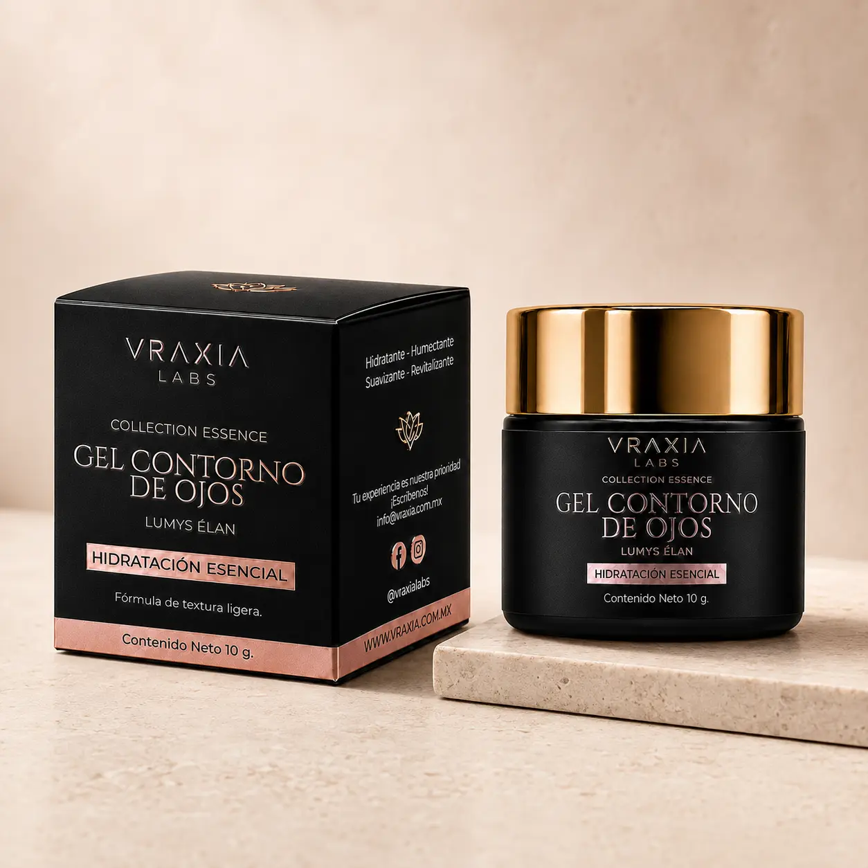 Gel Contorno de Ojos Lumys Élan de VRAXIA LABS con caja y tarro