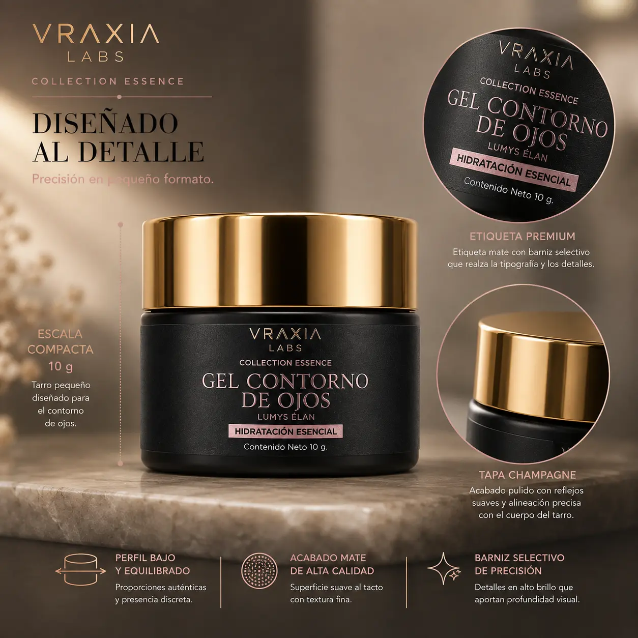 Envase y acabados visibles del Gel Contorno de Ojos Lumys Élan de VRAXIA LABS