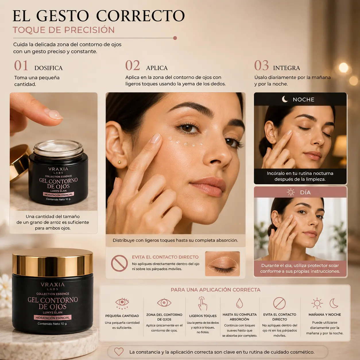 Modo de uso del Gel Contorno de Ojos Lumys Élan de VRAXIA LABS