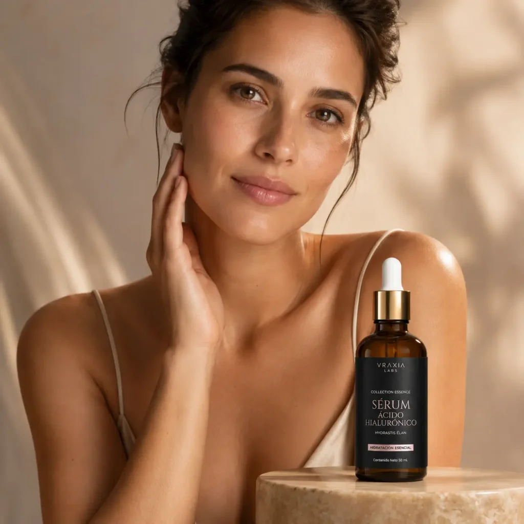 Escena editorial de cuidado facial y producto VRAXIA LABS