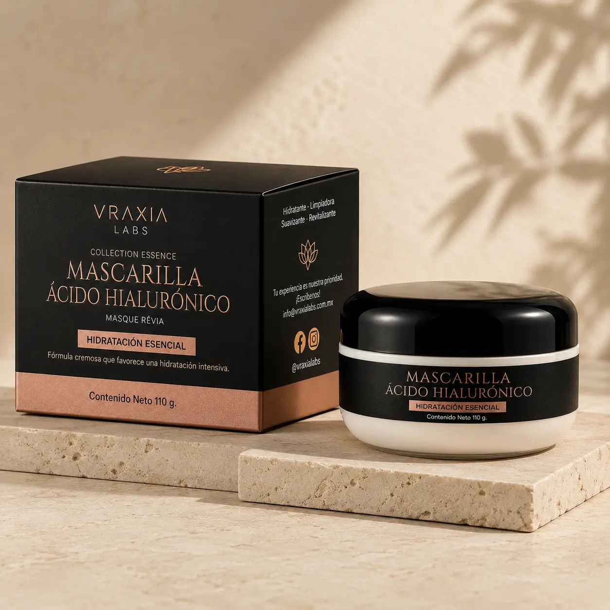 Mascarilla Ácido Hialurónico Masque Révia de VRAXIA LABS con caja y tarro