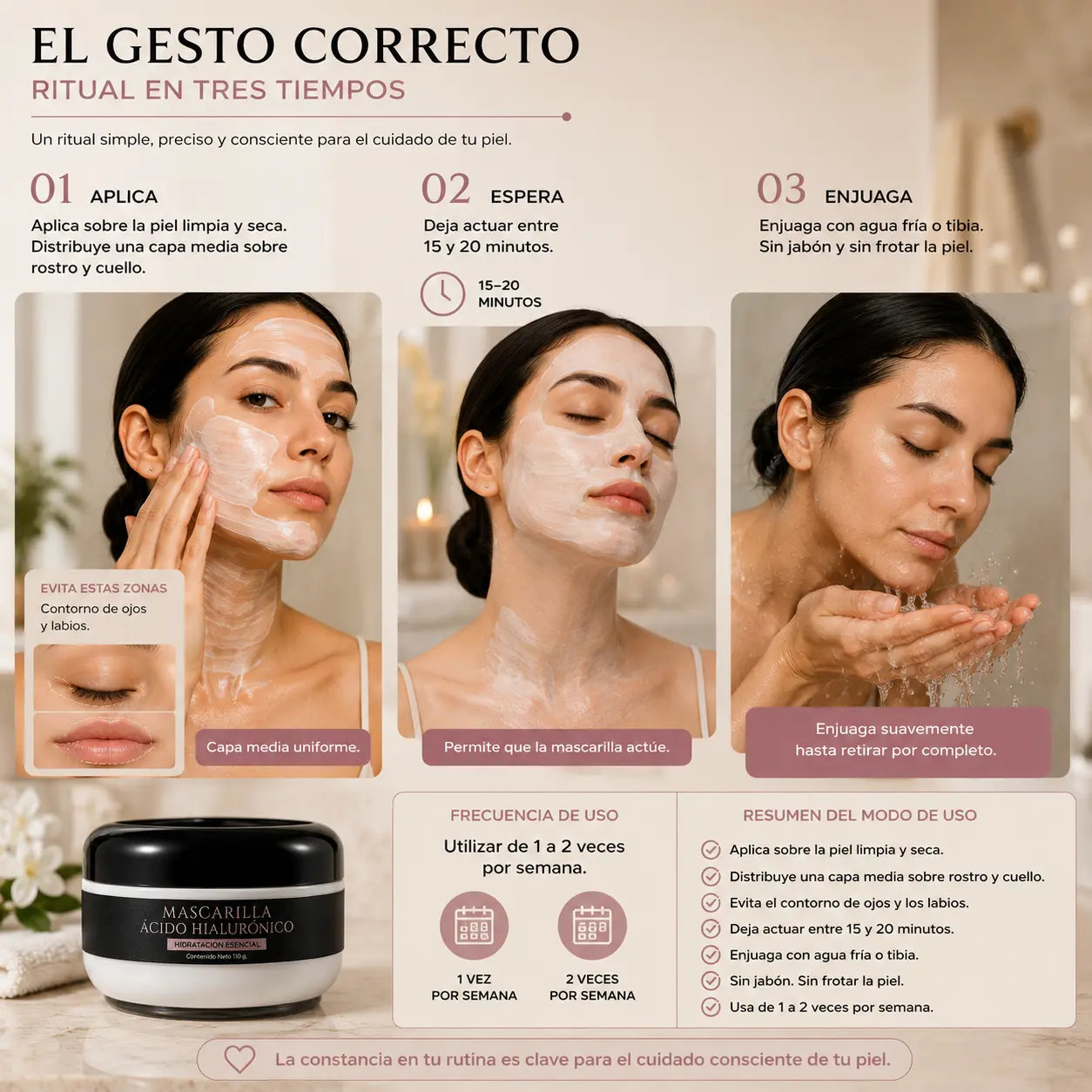 Modo de uso de la Mascarilla Ácido Hialurónico de VRAXIA LABS