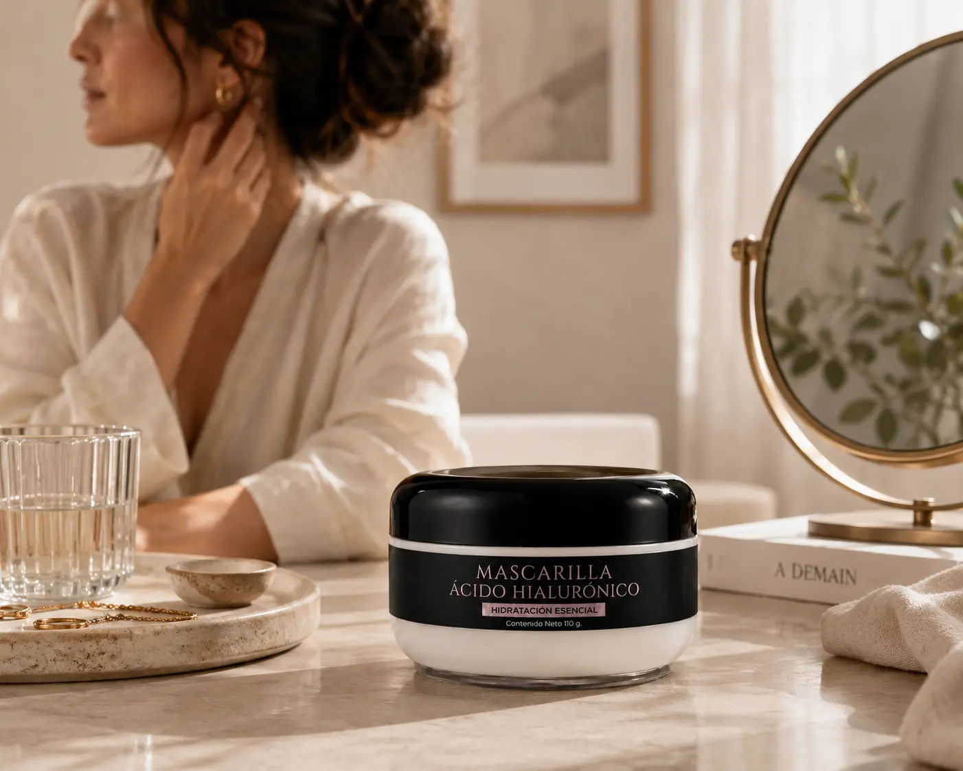 Mascarilla Ácido Hialurónico de VRAXIA LABS en un ritual de cuidado facial
