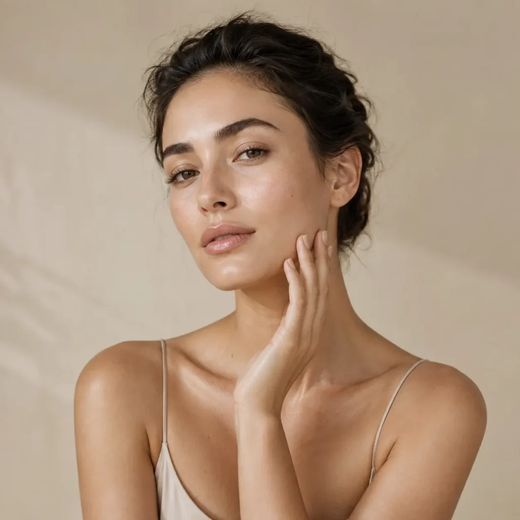 Mujer realizando un gesto natural de cuidado facial