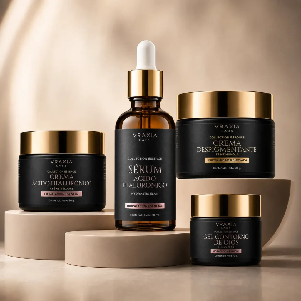Selección de productos VRAXIA LABS en composición editorial de marca