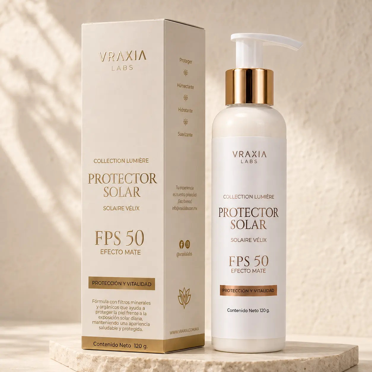 Protector Solar Solaire Vélix de VRAXIA LABS con caja y envase