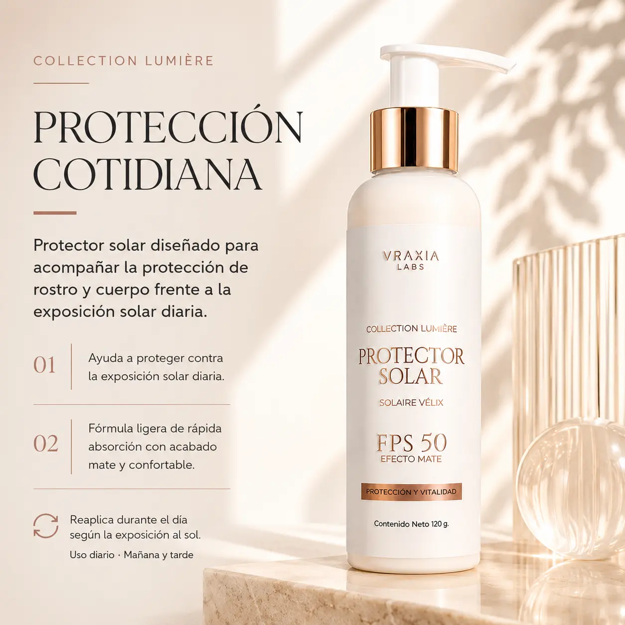 Protector Solar Solaire Vélix de VRAXIA LABS para el cuidado frente a la exposición solar
