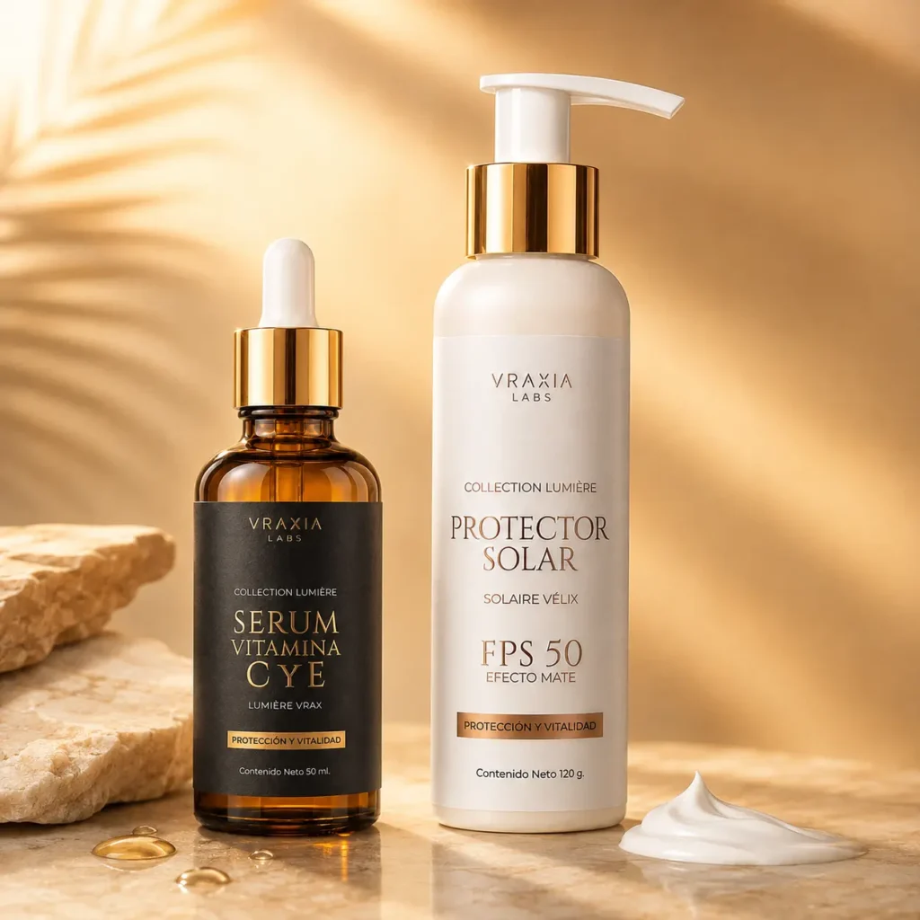 Sérum Vitamina C y E Lumière Vrax y Protector Solar Solaire Vélix de VRAXIA LABS