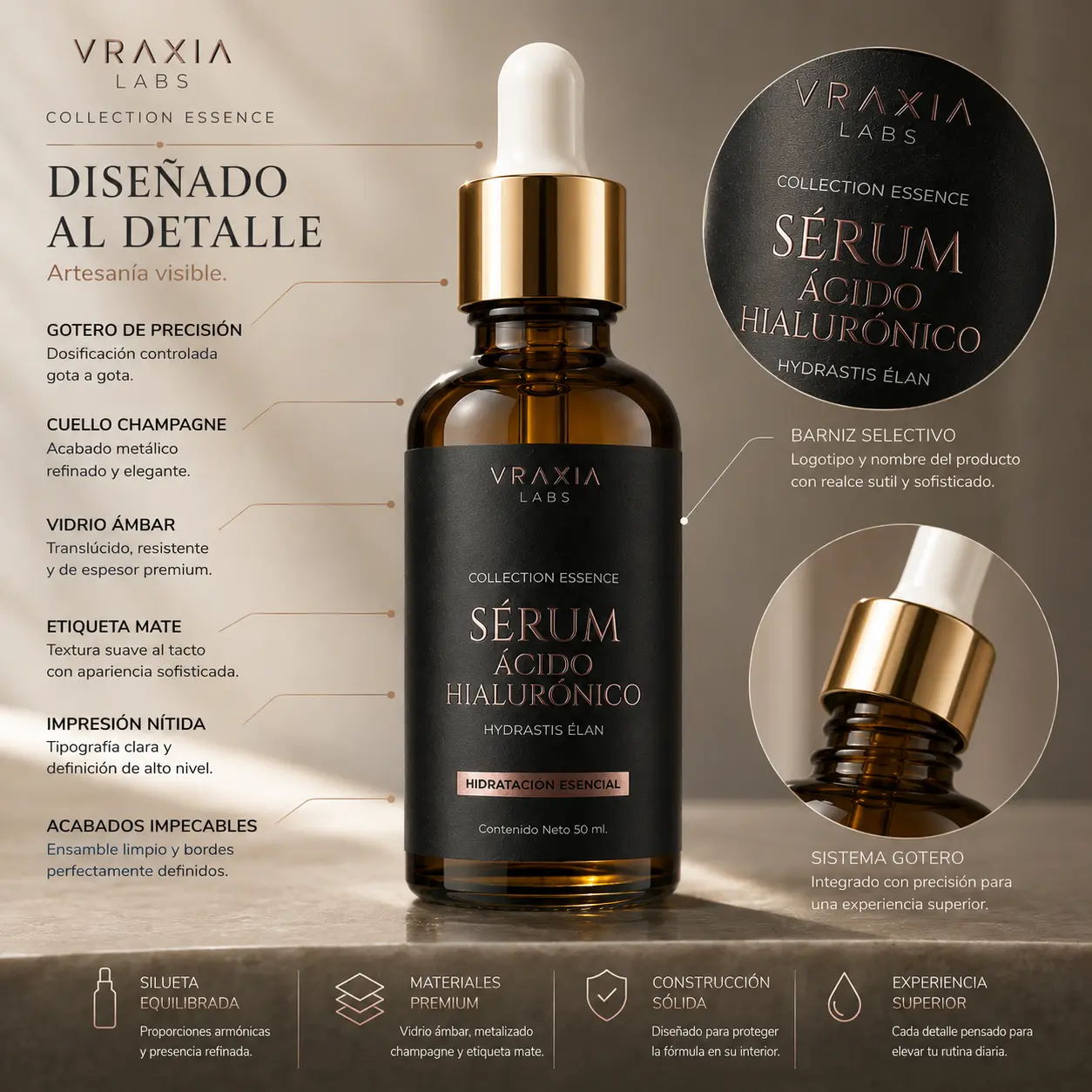 Envase y acabados del Sérum Ácido Hialurónico Hydrastis Élan de VRAXIA LABS