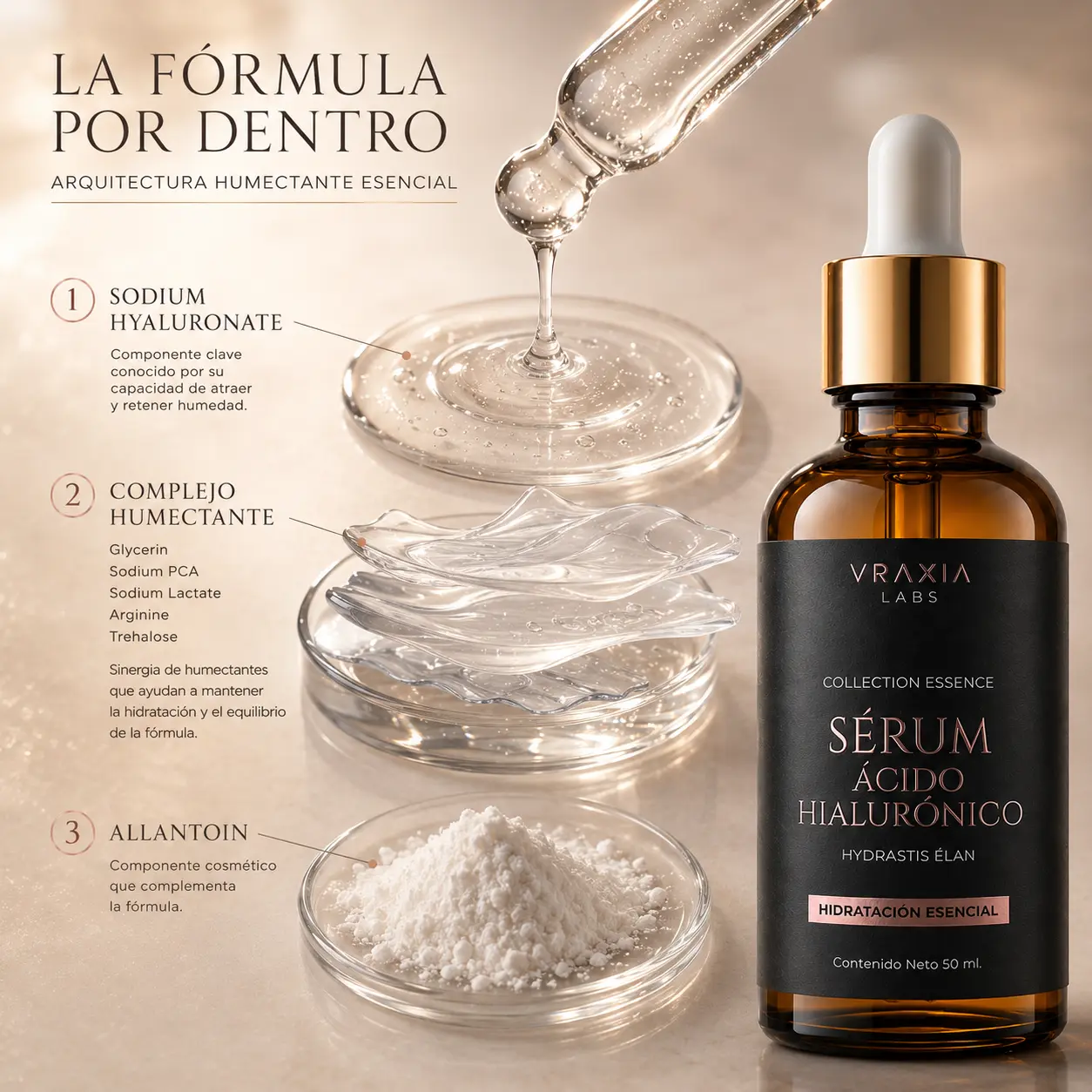 Ingredientes destacados del Sérum Ácido Hialurónico Hydrastis Élan de VRAXIA LABS