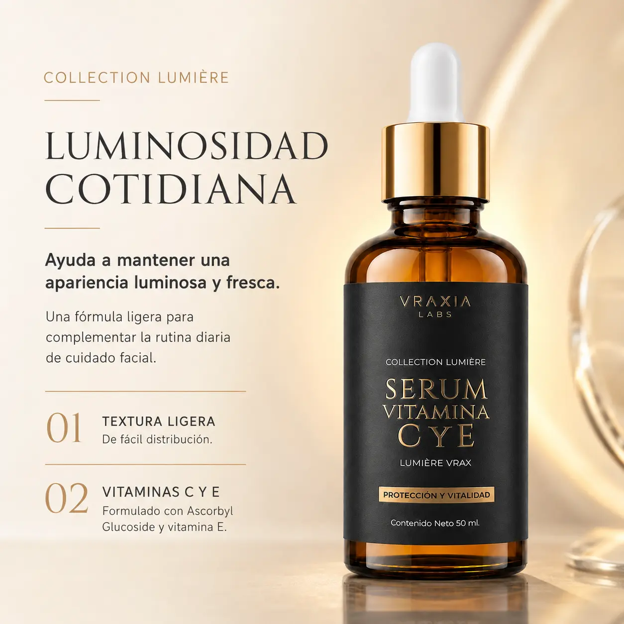 Beneficios cosméticos del Sérum Vitamina C y E de VRAXIA LABS