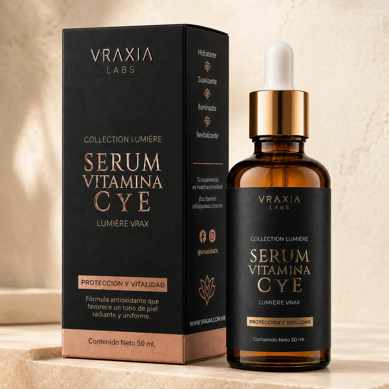 Sérum Vitamina C y E Lumière Vrax de VRAXIA LABS con caja y envase