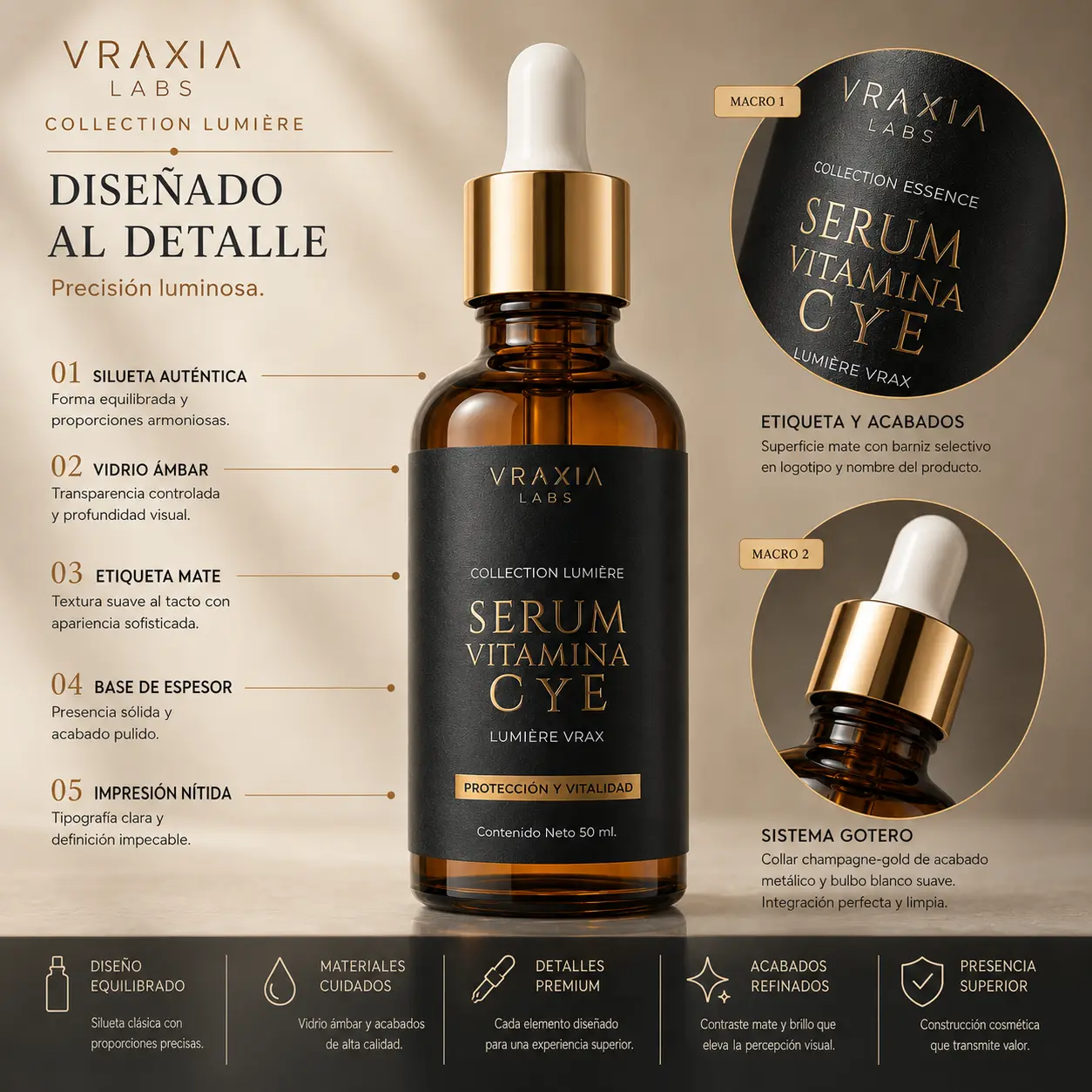 Envase y acabados del Sérum Vitamina C y E de VRAXIA LABS