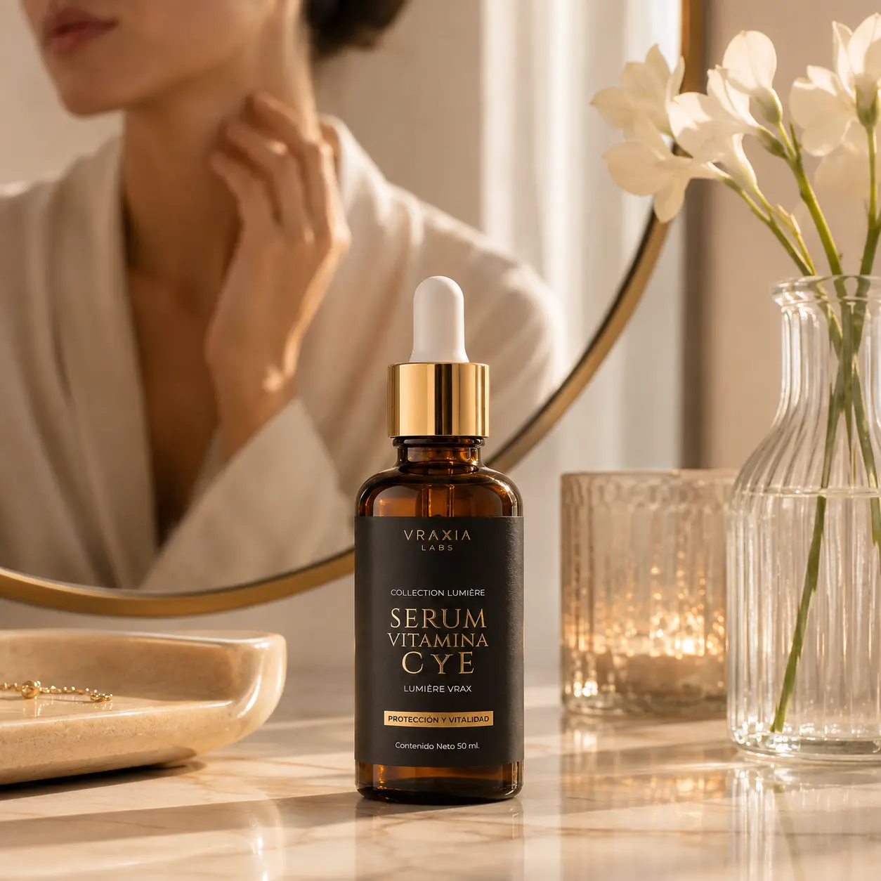 Sérum Vitamina C y E de VRAXIA LABS integrado en una rutina de cuidado facial