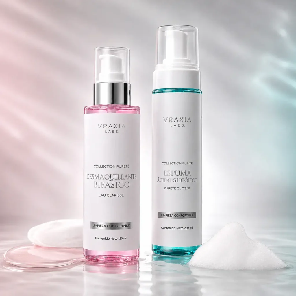 Desmaquillante Bifásico Eau Clarisse y Espuma Ácido Glicólico Pureté Glycent de VRAXIA LABS