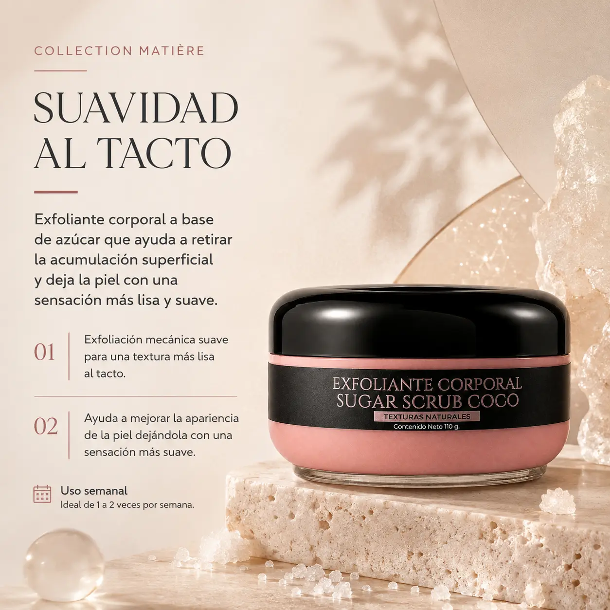 Exfoliante Corporal Sugar Scrub Coco de VRAXIA LABS para exfoliación mecánica y suavidad al tacto