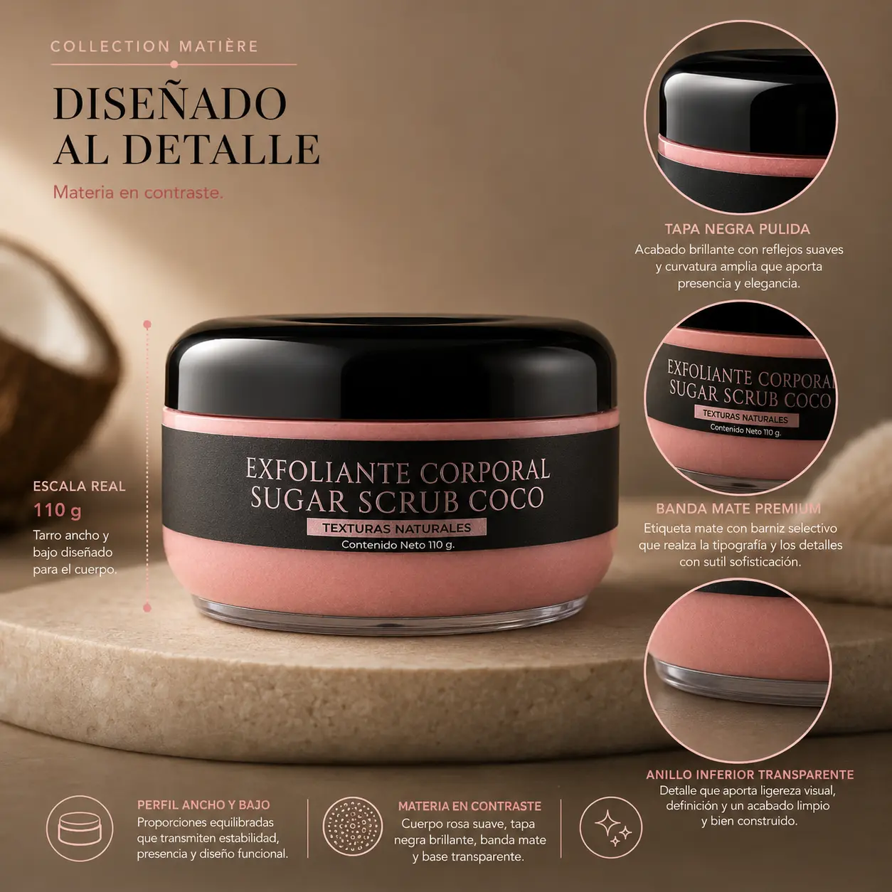 Envase y acabados visibles del Exfoliante Corporal Sugar Scrub Coco de VRAXIA LABS