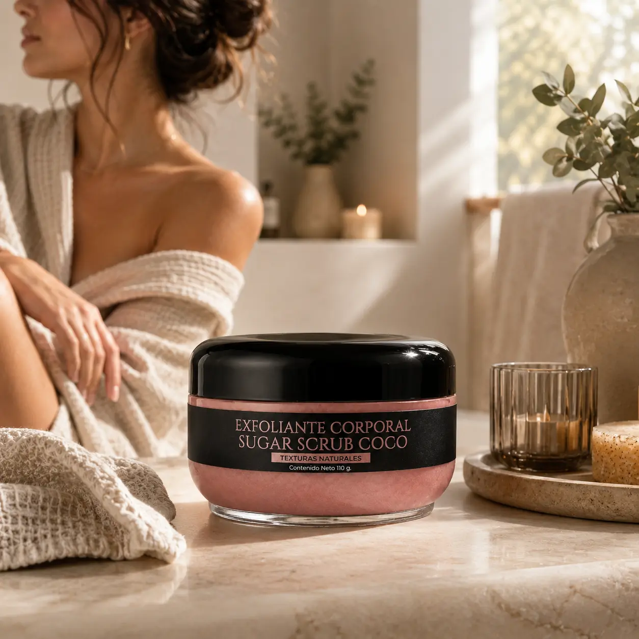 Exfoliante Corporal Sugar Scrub Coco de VRAXIA LABS en un ritual de cuidado corporal